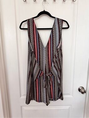 Patterned V-Neck Romper with Tie Waist